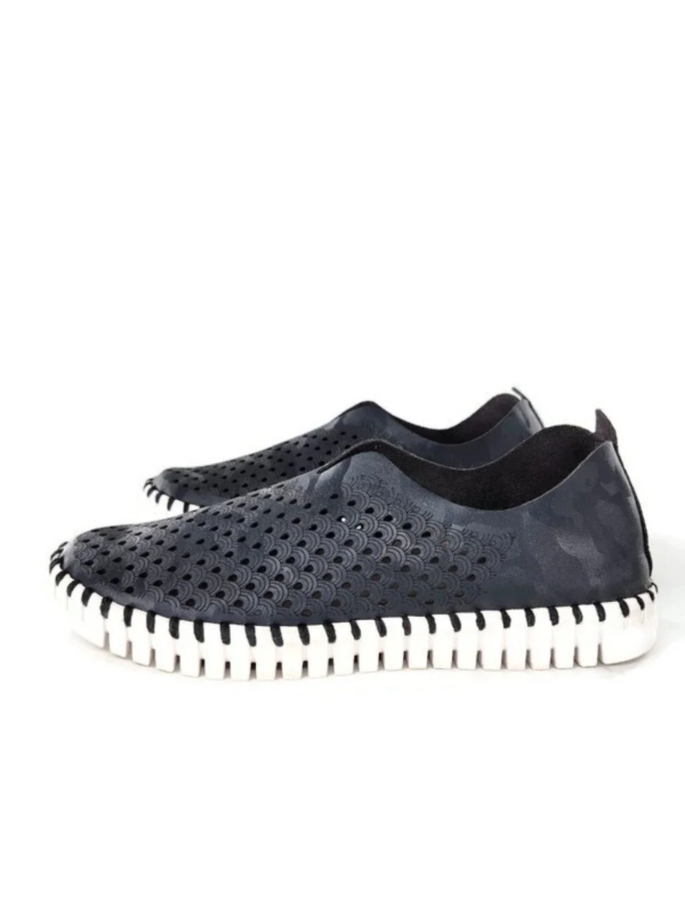 Ilse Jacobsen Tulip Navy Blue Camo Laser Cut Mircofiber Slip-On Loafer Flats
